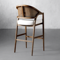 Chaise haute de salle à manger BST en bois de frêne antique, style luxe léger, avec dossier en rotin et structure en bois, tabouret de bar pour comptoir de salle à manger