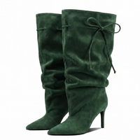 Bottes hautes plissées en daim à lacets pour femmes, talons fins, couleurs personnalisées, bout pointu, style papillon, chaussures longues et larges pour dames