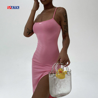 Robe mi-longue pour femmes 2025, grande taille, bretelles spaghetti, robe moulante sexy à bretelles, robe fendue