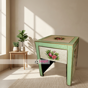 Table de chevet carrée en bois peinte à la main de style indien moderne, tabouret de salle de bain, table basse, design floral vert, meubles de salon - Product Image 2