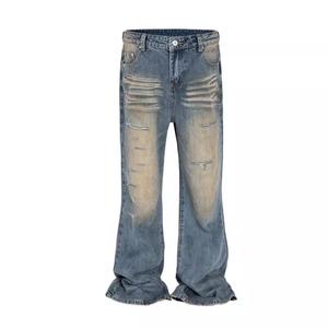Jeans de Mezclilla Desgastados con Estilo Vintage, Corte Bootcut, Mini Acampanados, Rotos, de 14 oz, para Hombre, Estilo Urbano, para Todos - Product Image 1