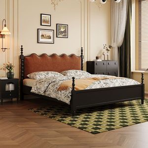Lit en bois massif de style rétro américain, style campagnard français, lit double rembourré, mobilier de chambre à coucher moderne minimaliste vintage - Product Image 2