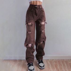 Jeans déchirés pour femmes Huanqiu Y2K, denim vintage délavé, denim lourd effiloché, coupe droite, jeans pour femmes - Product Image 4