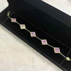 Pulseira de pingentes para mulheres, pingentes de miçangas, cor roxa de quatro folhas, bracelete para mulheres, joias de prata esterlina, 2023