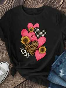 T-shirt da donna con stampa a cuore, manica corta, girocollo, casual, in jersey di cotone, con stampa a quadri, pois e animali, per la primavera - Product Image 3