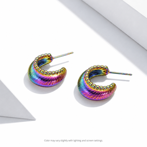 Textured <b>C</b> Hoop Earrings Stainless Steel Iridescent Multicolor Look with Beaded Edge and Diagonal Surface Detail - Product Image 1