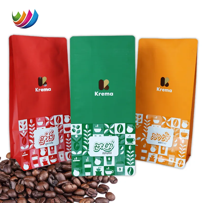Saco de café com fundo plano PET pe 1kg 500g 250g embalagem plástica de grãos de café com impressão UV personalizada com válvula e zíper
