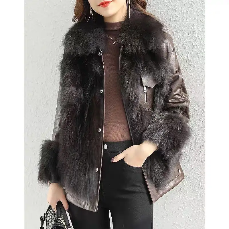 CX-L-16A Winter Coats Trendy Fashion Sheepskin Leather Jackets for Ladies with Real Fox Fur