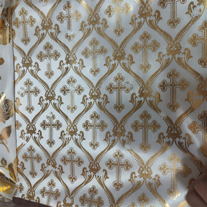 Tessuto in Raso di Poliestere Stampato per Funerali all'Ingrosso, Motivo a Croce Dorata, Tessuto per Rivestimento di Bare e Cofani <span class=keywords><strong>Funebri</strong></span> - Product Image 2
