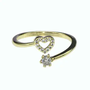 High Quality Gold Plated CZ Setting Heart Shape Open Size Adjustable Metal Rings For Women