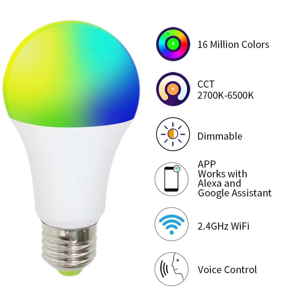 A19 E27 مصباح عكس الضوء 9W RGBCW تغيير لون 2700K-6500K واي فاي الذكية LED ضوء لمبة متوافق مع صدى اليكسا جوجل الرئيسية IFTTT