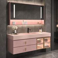 Meuble-lavabo flottant rose moderne à cannelures avec vasque, armoire miroir LED et rangement en verre cannelé pour projets hôteliers et d'appartements