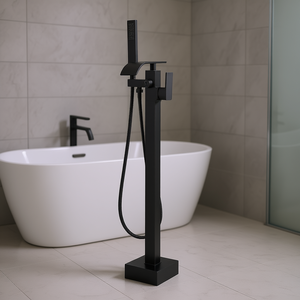 Grifo de Bañera Independiente de Suelo, Diseño Minimalista Negro con Desviador, Doble Salida, Accesorios para Grifos de Baño - Product Image 2