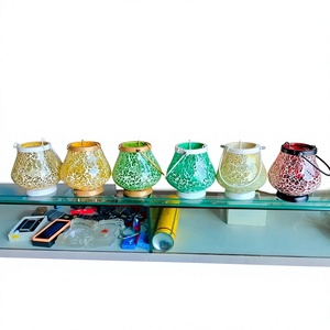 Handmade Mosaic <b>Glass</b> Lantern Candle Holder Colorful Round Tealight Stand with Handle for Home Decoration - Product Image 1