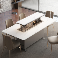 Table à manger élégante avec plateau en verre trempé et base en acier inoxydable, table à manger relevable intelligente pour salle à manger