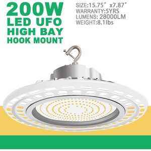 Para UL DLC Certified 200W UFO para LED High Bay Light 5000K 1-10V Dimmable AC100-277V con cable de gancho de 5 'para iluminación de almacén - Product Image 5