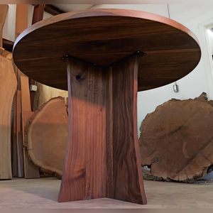 Modern Round Walnut <b>Dining</b> <b>Table</b> With Metal Base Solid Wood <b>Top</b> Stable Design For Home Furniture Customizable Size - Product Image 2