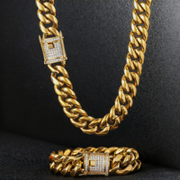 Conjunto de Collar y Pulsera de Cadena Cubana de Acero Inoxidable, Color Dorado, con Hebilla Decorada, Joyería Hip Hop, Accesorios para Hombre