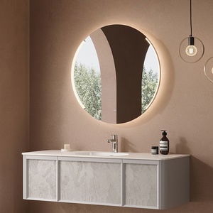 French-style Luxury Stone Slab Hot-Curved Ceramic Integrated Basin Smart <b>Round</b> <b>Mirror</b> <b>Bathroom</b> Cabinet - Product Image 1