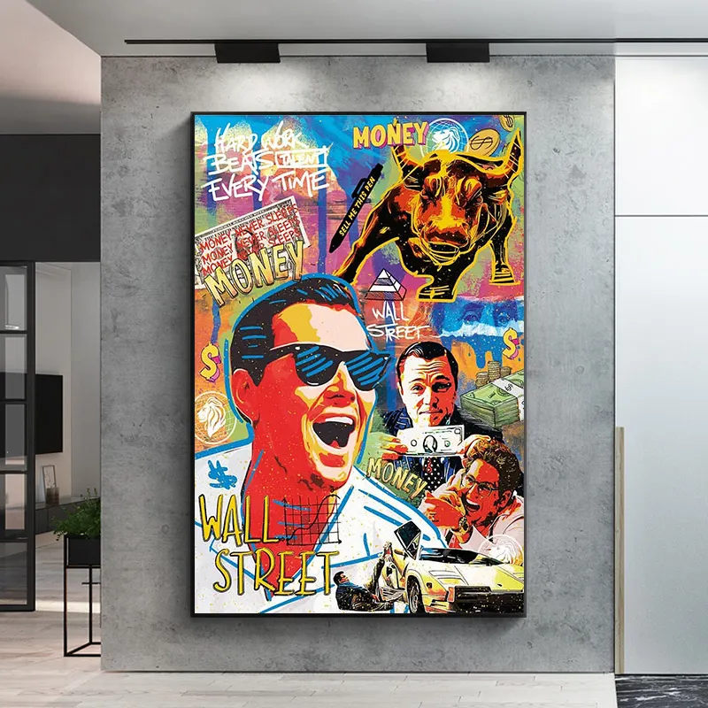 Póster de película abstracta para decoración del hogar, pintura en lienzo de lobo de la calle, Toro, dinero, trabajo duro, decoración de pared con arte pop motivador