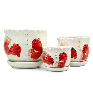 Lot de 3 pots de fleurs en céramique émaillée, style américain, motif poisson, peints à la main, mignons et abordables, vente en gros - Product Image 1
