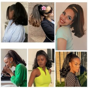 Extension <span class=keywords><strong>de</strong></span> cheveux tressée pré-collée volumineuse en fibre haute température, courte et bouclée, <span class=keywords><strong>avec</strong></span> cordon <span class=keywords><strong>de</strong></span> serrage, effet <span class=keywords><strong>queue</strong></span> <span class=keywords><strong>de</strong></span> <span class=keywords><strong>cheval</strong></span> Yaki pour femme - Product Image 3