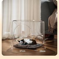 Cave à chat en plastique transparent, grand espace, anti-adhérent aux poils, facile à nettoyer, cachette pour animaux de compagnie, maison pour chat avec tapis