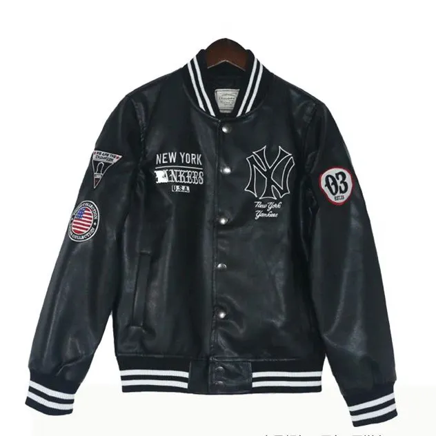 Classic Neutral Couple PU Leather Embroidered Baseball Uniform Motorcycle Jacket Black Leather Men's Baseball Jacket