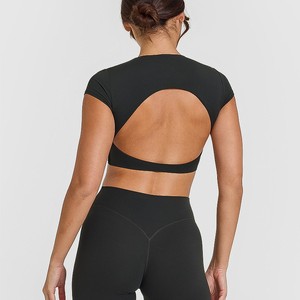 Yimo kadınlar yuvarlak boyun Backless egzersiz gömlek kadın kısa kollu kırpma Yoga üst Lady spor çabuk kuruyan koşu tişörtü - Product Image 5