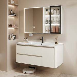 Ensemble de meuble-lavabo de salle de bain élégant et minimaliste couleur crème, armoire à miroir LED intelligente avec un grand espace de rangement - Product Image 1