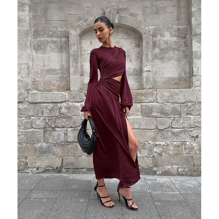 Women's 2025 Fall Winter Vintage Wine Red Crew Neck Knitted Dress Luxury  Cutout Detail High Waist A-Line Maxi Dress for Women| Alibaba.com