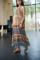 Robe longue bohème en mousseline pour femme, col halter, bretelles tressées faites main, imprimé dégradé abstrait, coupe ample trapèze, idéale pour les vacances d'été