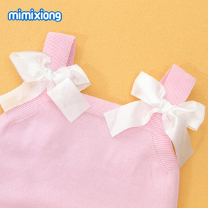 Mimixiong Vente en gros Vêtements pour bébés et enfants Combinaison en jersey tricoté à volants pour bébés filles, barboteuse unie de boutique avec nœud à l'épaule - Product Image 5