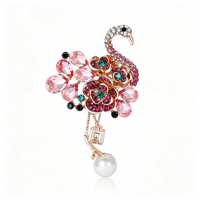Broche en alliage Flamant rose or rose, Épingle de revers Fleur Perle Cristal, Bijou décoratif, Ornement, Cadeau pour Femme, Vente en gros
