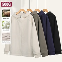 Hoodie Pria Heavyweight 500G Berbahan Fleece Brushed, Resleting Penuh, Lengan Raglan, Kantong Samping, Hangat untuk Musim Dingin, Streetwear