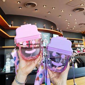 Kawaii botellas de agua en forma de galleta 320ml watermelon kids ice cream cookie donut shape plastic water bottle with straw