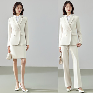 Women's White Suit Set Double-breasted Long Sleeve Skirt <b>Pants</b> Option Anti-Wrinkle Workwear Commuting Uniform - Product Image 1