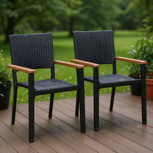 Juego de 2 sillas de jardín de ratán PE para exteriores, color negro, diseño contemporáneo duradero, brazos de madera maciza, forma rectangular - Product Image 2