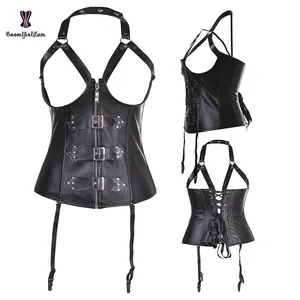 Wholesale Sexy Hollow Zipper Front Faux Leather Overbust Corset