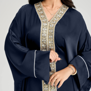 LM122 Robe longue abaya de luxe en dentelle brodée dorée | <span class=keywords><strong>Style</strong></span> arabe <span class=keywords><strong>Khaleeji</strong></span> avec ceinture intérieure - Product Image 4