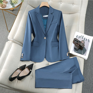 Women's Misty Blue Suit Set Polyester Satin Full Sleeve Elegant Anti-Wrinkle Autumn Professional Style - Product Image 1