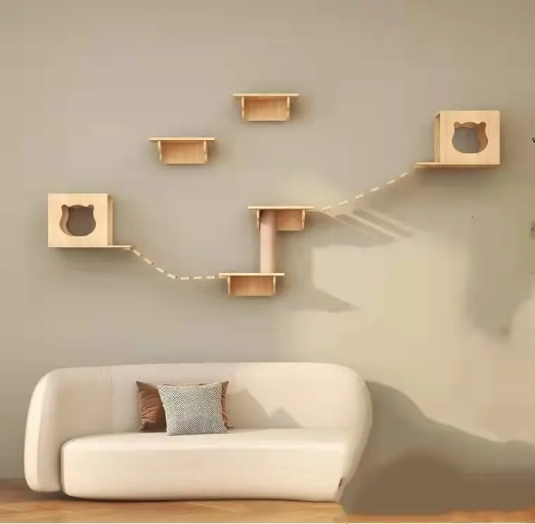 Árbol de pared de gato para interior, estantes de actividades de madera montados en la pared y juego de escalada, 4 estantes para gatos, 2 casas de gatos y 2 escaleras