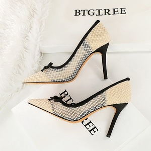 9329-3 French-style Fashionable Solid High-heeled <b>Shoes</b> <b>Bow</b> Pointed Toe Shallow Cut Mesh Lace Stiletto Heel Slip-on Women's - Product Image 4