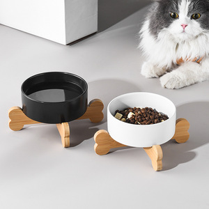 Ensemble de bol d'eau en céramique pour chat et chien en céramique surélevée avec support en bois bols pour animaux de compagnie blancs anti-basculement pour chiens et chats - Product Image 2