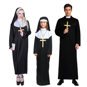 Conjunto de Disfraces de <span class=keywords><strong>Monja</strong></span> y Sacerdote con Collar de Cruz y Accesorios, Atuendos Auténticos para Cosplay de Parejas para Halloween - Product Image 1