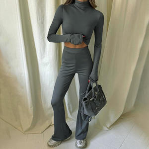 2026 ट्रेंडिंग उत्पाद लंबी आस्तीन उच्च गर्दन की फसल शीर्ष + फ्लेयर पैंट सेट दो टुकड़े सेट ठोस आकस्मिक 2 टुकड़ा Jogggggger योग सेट महिलाओं - Product Image 1