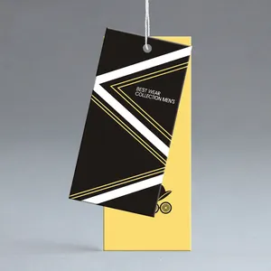 Özel siyah karton kağıt etiketleri kabartmalı salıncak asılı kıyafet etiketi kişiselleştirilmiş asmak etiketleri ile siyah halat