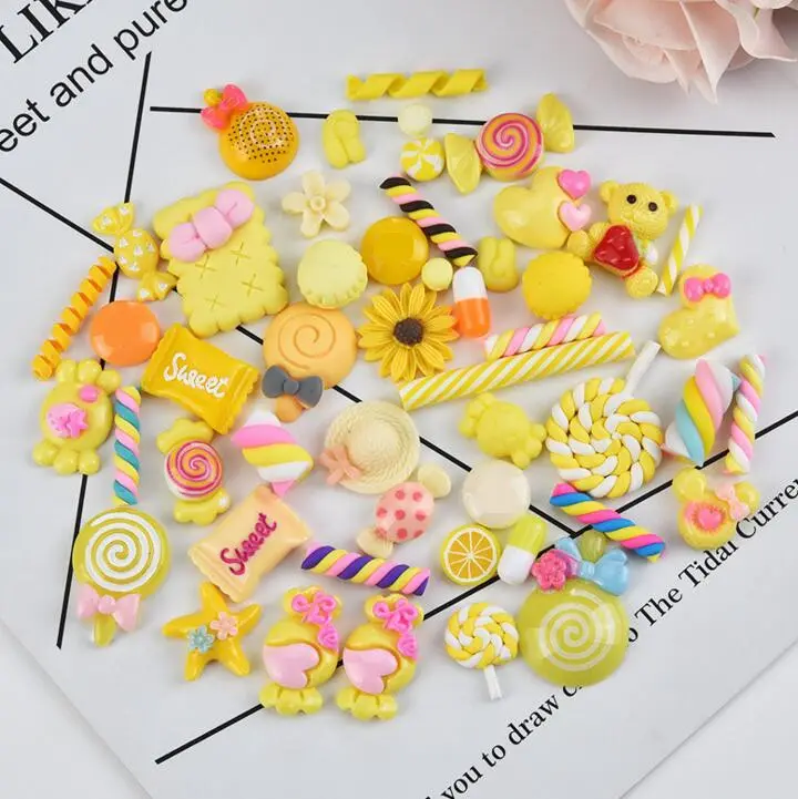 पीले रंग के लिए राल <span class=keywords><strong>प्यारा</strong></span> फ्लैट Cabochons मोती फोन सजावट DIY शिल्प मिश्रित पॉलिमर क्ले आकर्षण खिलौने