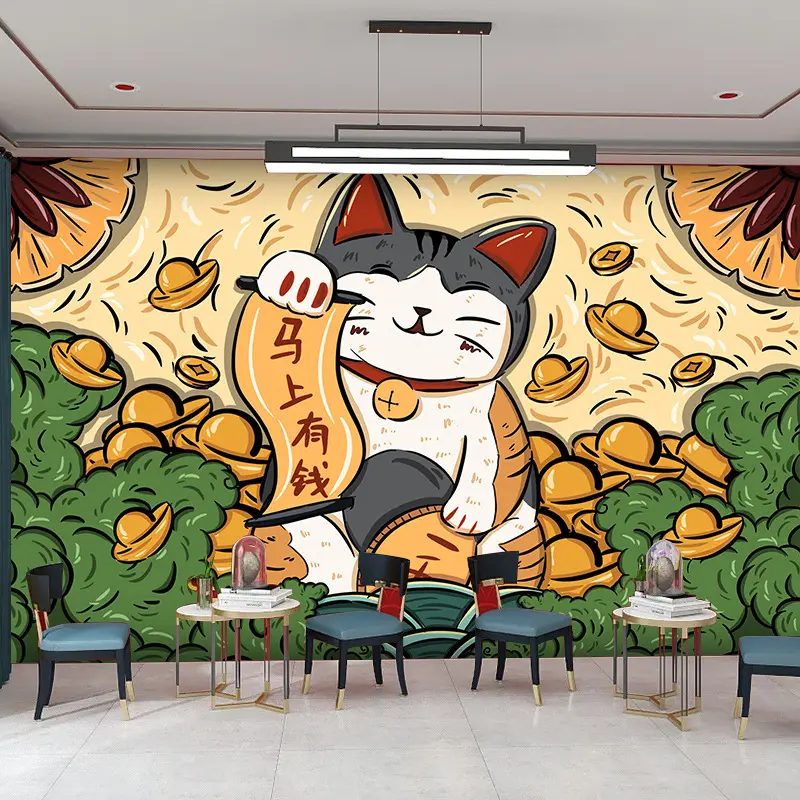 วอลล์เปเปอร์แมวร้านค้าญี่ปุ่นตกแต่งแนวโน้มแห่งชาติห้องไพ่หมากรุกฮอลล์ Mahjong ตกแต่งภาพวาดร้านบาร์บีคิววอลล์เปเปอร์