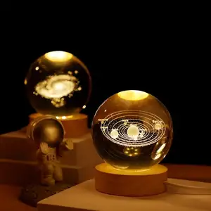 Lâmpada noturna com bola de cristal 3D para decoração de quarto, sistema solar luminoso, decoração de mesa com luzes noturnas